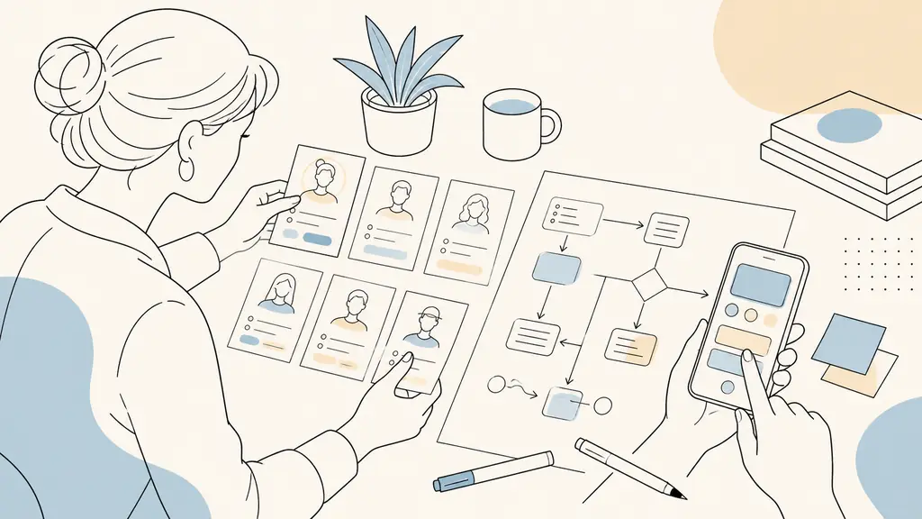 UX researcher arranging printed persona cards beside a hand-drawn user flow while a clickable mobile prototype is tested on a smartphone, natural studio light, no visible text or logos