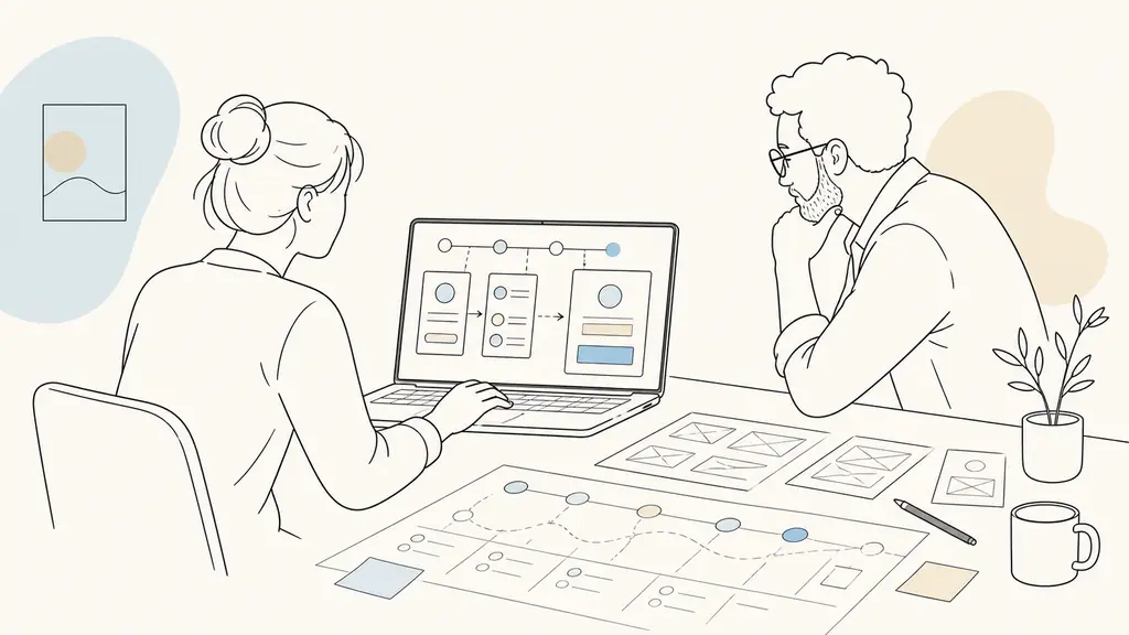 UX designer observing a user testing an interactive checkout prototype on a laptop, with low-fidelity wireframes and a user journey map spread across the desk, editorial photography, no visible text or logos