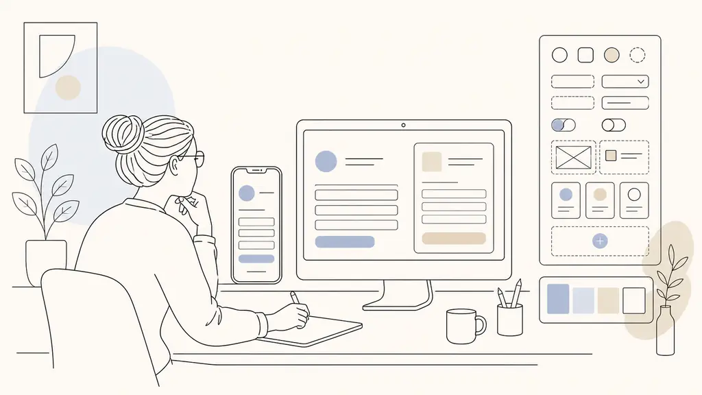 UI designer comparing mobile and desktop versions of a quote request form, checking color contrast swatches beside a component library, editorial photography, no visible text or logos