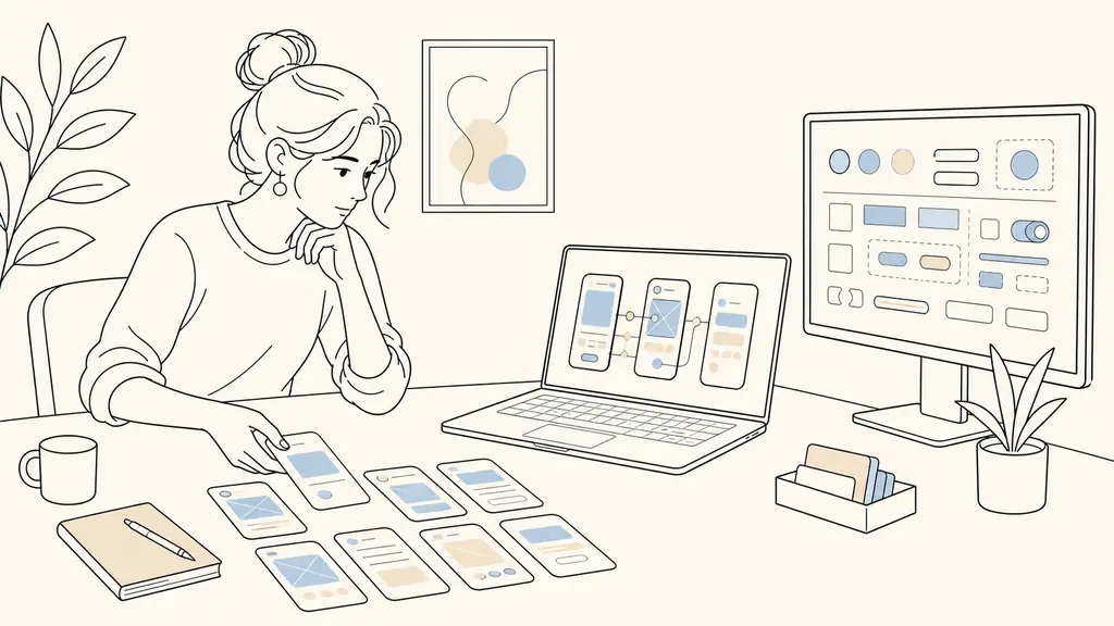 Editorial photograph of a UX designer arranging mobile wireframe cards beside an interactive prototype on a laptop, with a documented component library open on a second screen, no visible text or logos