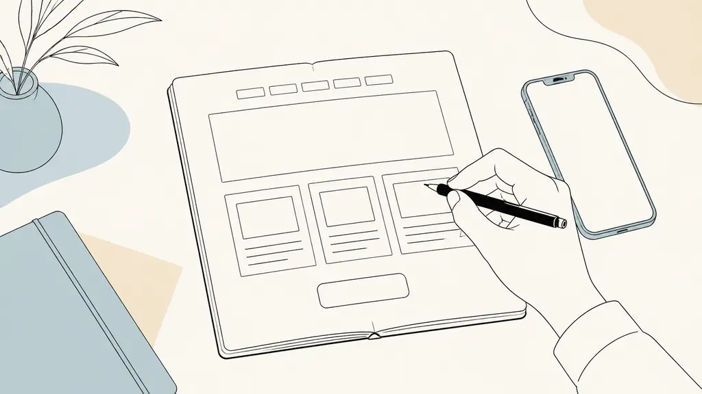 Editorial photograph of a designer's hand sketching a service business homepage wireframe on paper, with menu blocks, service sections and a contact button outlined, smartphone beside the notebook, no text, no logo