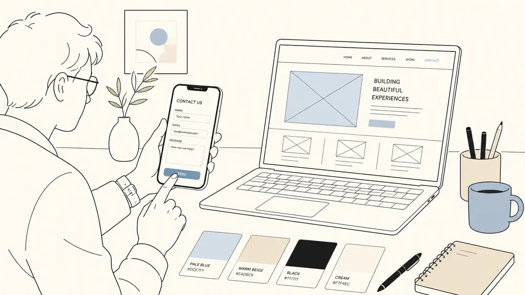 Web designer testing a mobile contact form beside a laptop displaying a wireframe, with a clearly visible call-to-action button and color contrast swatches on the desk