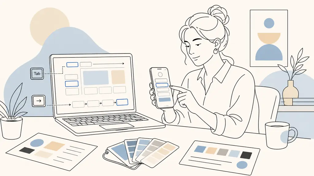 Small business owner testing a service website contact form on a smartphone, beside a laptop showing keyboard navigation and printed color contrast samples