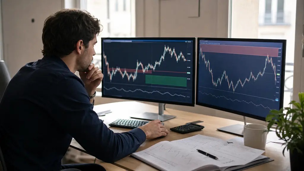 A forex trader monitoring two evaluation phases on dual screens, adjusting a stop-loss after a losing streak, with a risk journal and calculator on the desk, no visible text or logos