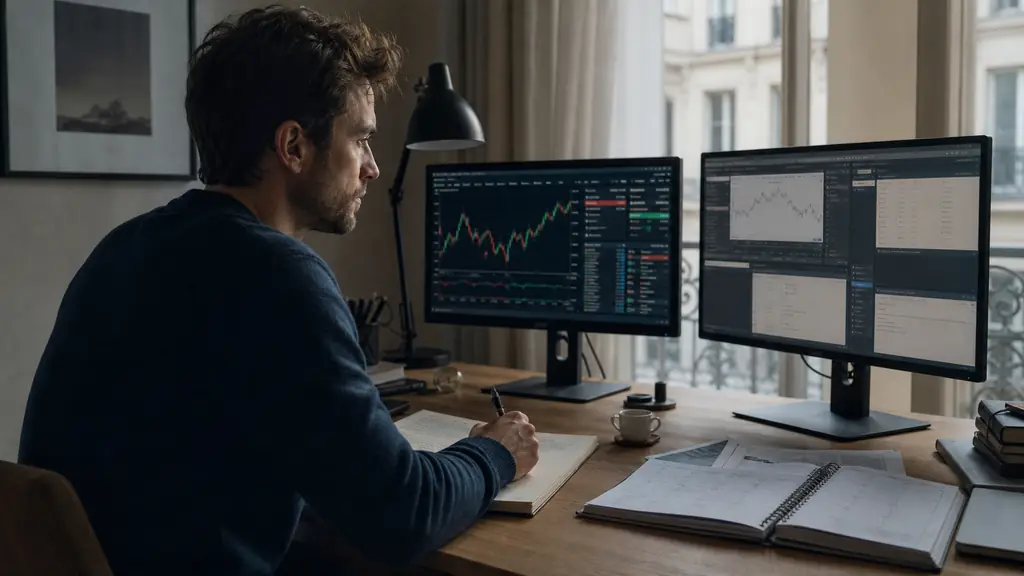 A trader comparing MetaTrader and cTrader interfaces on two monitors while marking an overnight index position beside an economic calendar, no visible text or logos