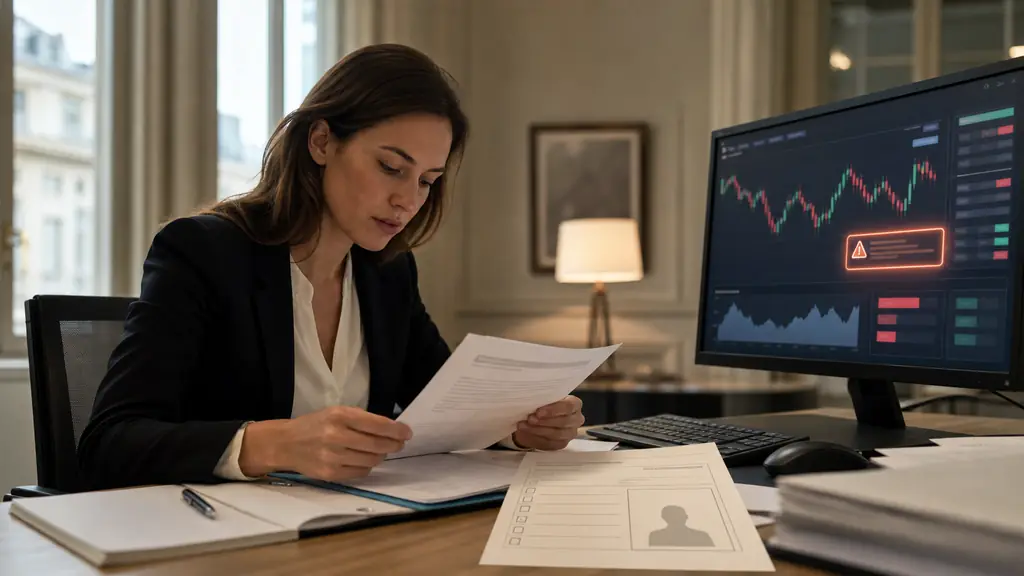 Editorial photograph of a compliance analyst reviewing a regulatory memorandum beside a futures trading screen showing an automated order alert and an identity verification checklist, no visible text or logos