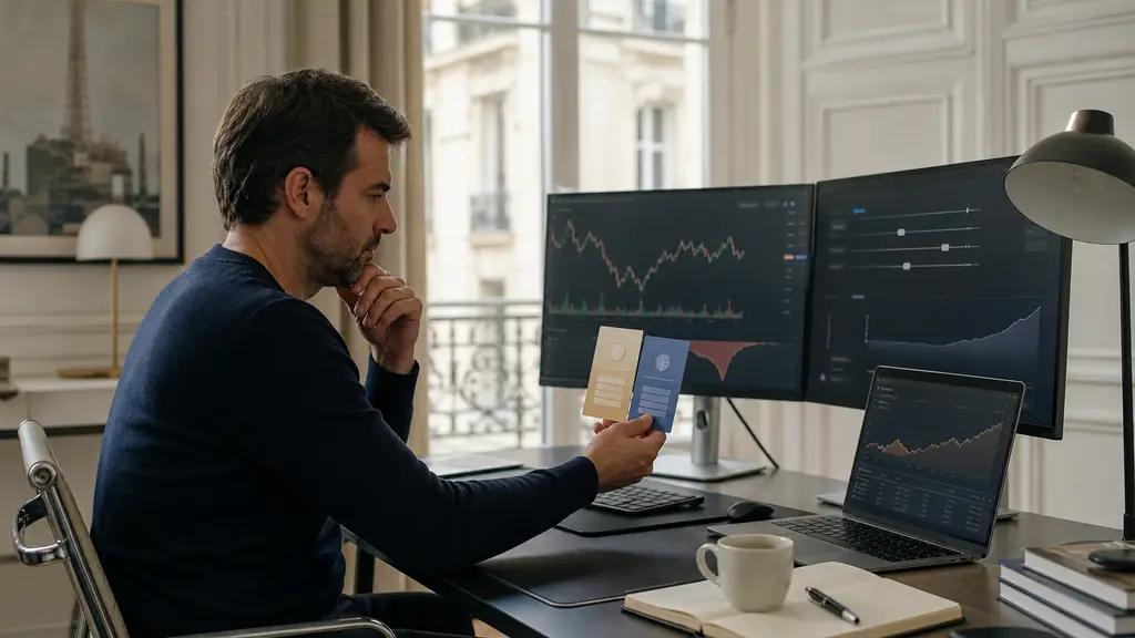 Editorial photograph of a trader comparing two challenge pricing cards beside a drawdown calculator while reviewing an automated trading settings panel, no visible text or logos