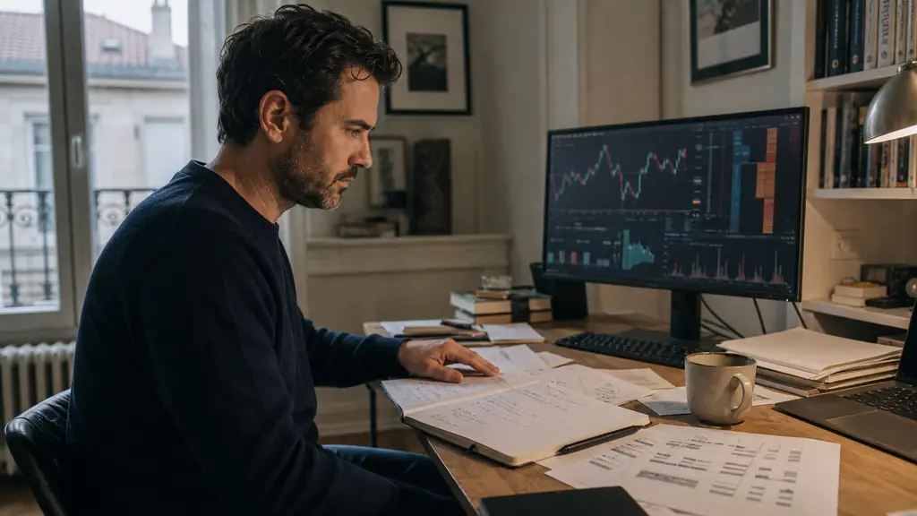 A part-time trader at a desk comparing a risk notebook, a printed drawdown rule sheet and a trading dashboard with abstract charts, editorial photography, no readable text, no logos
