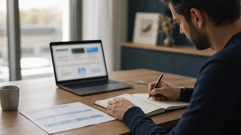 A trader writing a payout request date in a notebook beside a printed consistency rule and a laptop displaying blurred editorial review cards, no readable text, no logos