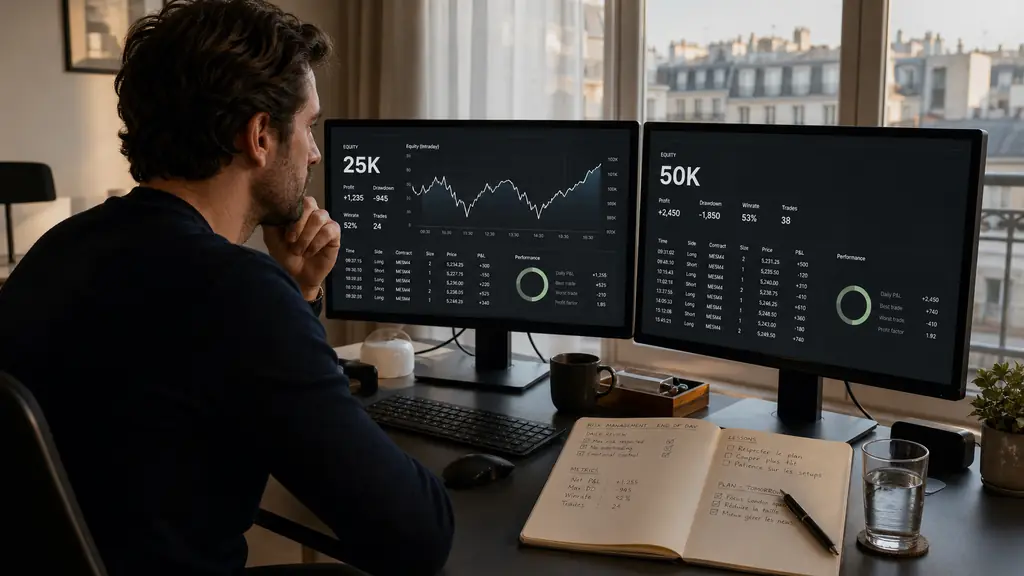 futures trader at a desk comparing 25K and 50K account options on two unbranded screens, with an intraday equity curve and an end-of-day risk notebook