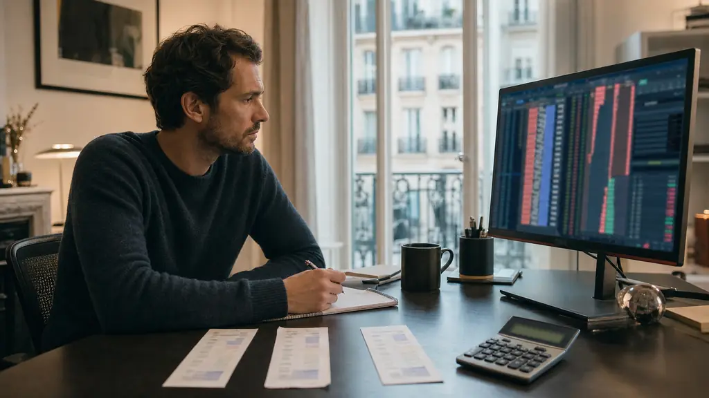 futures trader reviewing three discounted challenge receipts beside a market depth screen and a calculator showing activation costs, no visible text or logos