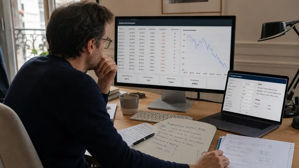 A forex trader at a desk comparing a drawdown table on one monitor with a risk calculator on a laptop, beside handwritten futures regulation notes