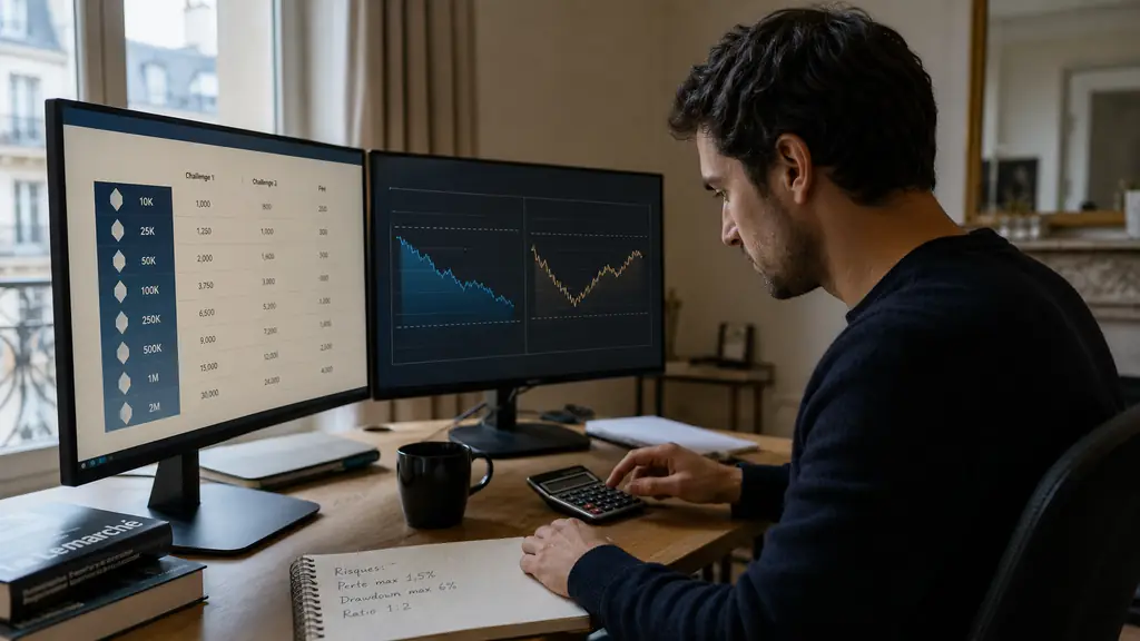 A trader comparing challenge fee columns and fixed versus trailing drawdown curves on two monitors while entering risk limits into a calculator