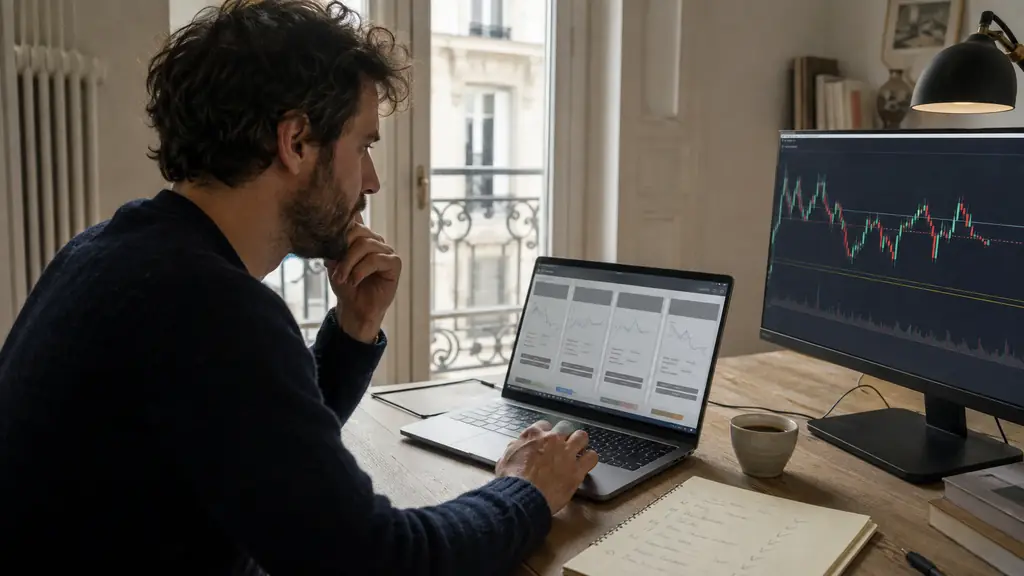 French retail trader comparing FTMO, FundedNext, Apex and Phidias account figures on a laptop, with a handwritten drawdown checklist and futures chart on a second monitor, no visible logos or text