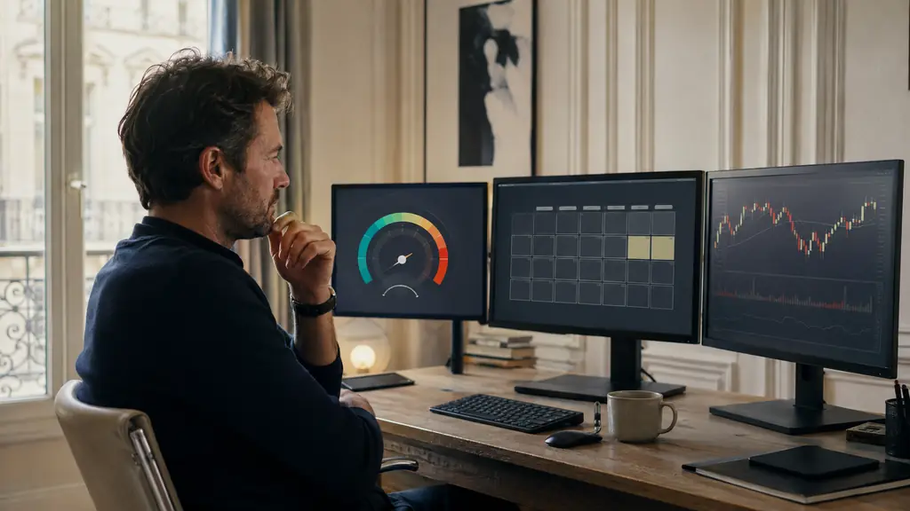 French swing trader reviewing a static futures account risk gauge, a weekend calendar and cryptocurrency charts on three monitors, no visible text or logos