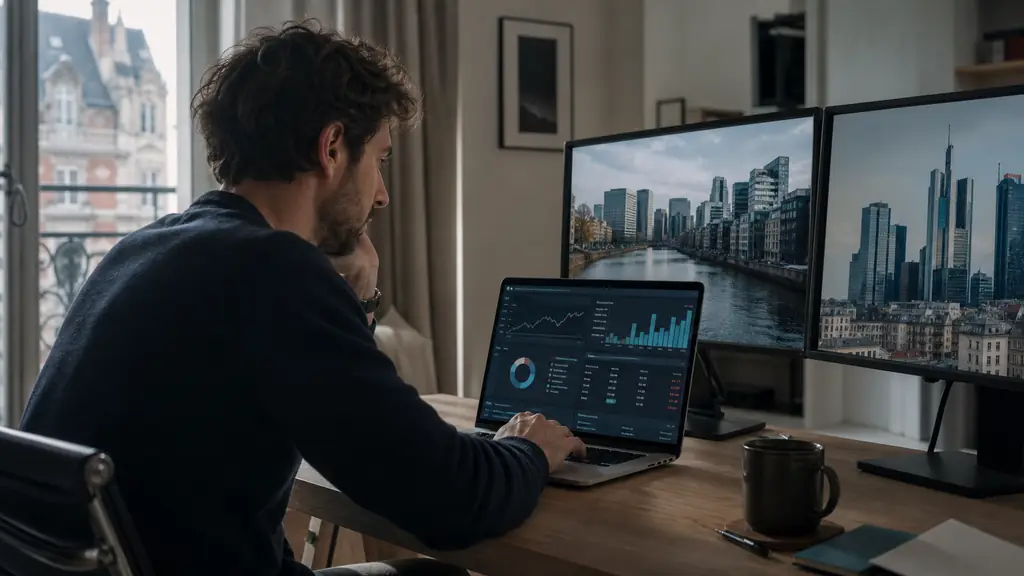 Editorial photograph of a French retail investor examining a securities account on a laptop, with Dutch and German financial district imagery on two nearby screens, no visible text or logos