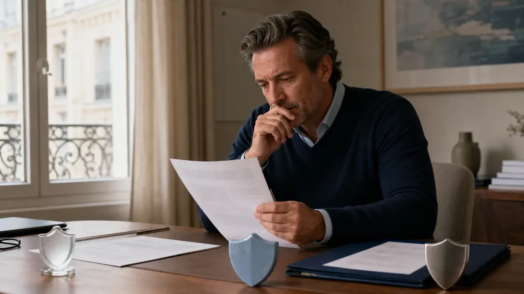 Editorial photograph of an investor reviewing a cash account statement beside a separate securities portfolio folder, with three protective shields symbolizing deposit guarantee, asset segregation and investor compensation, no visible text or logos