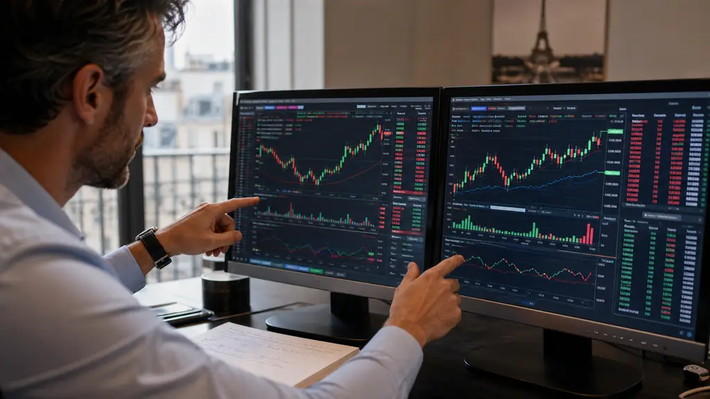 close-up editorial photograph of a trader comparing a CME Micro Bitcoin MBT contract screen with a Bitcoin CFD spread window, real-time market data visible on two monitors, no text or logos