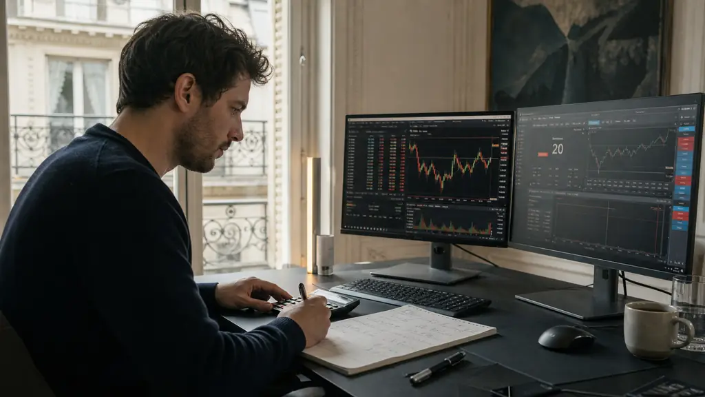 editorial photograph of a trader calculating a Bitcoin scalping round trip beside a CME Micro Bitcoin margin screen and a CFD spread window showing 20, no text or logos