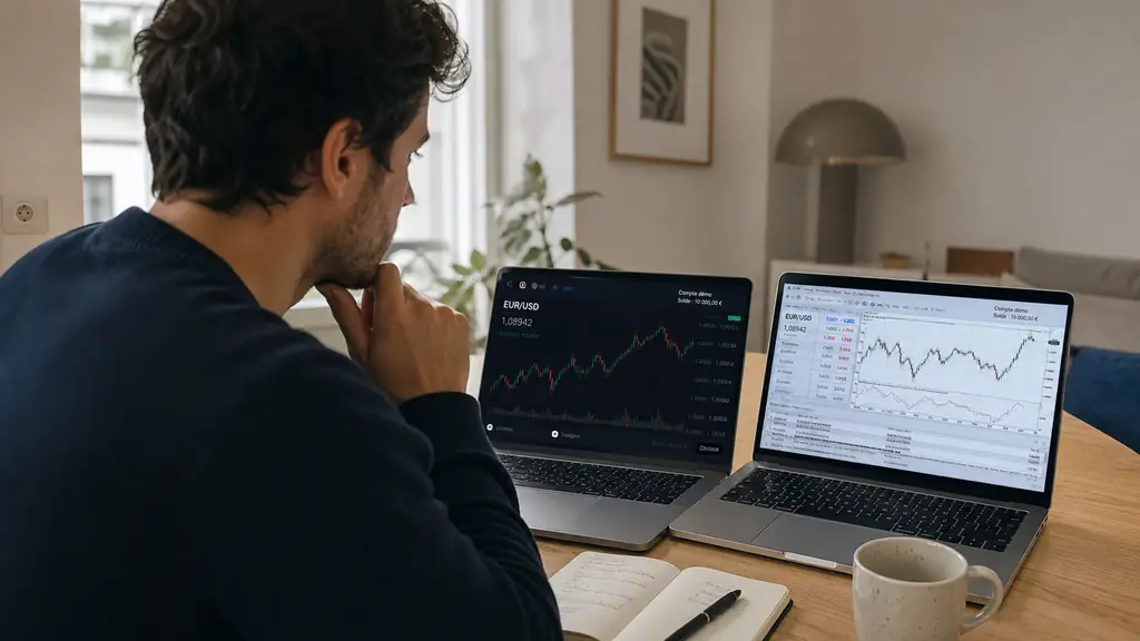 French retail trader comparing XTB xStation and MetaTrader charts on two laptop screens, with an EUR/USD quote and a demo account balance visible, editorial photography, no text overlay, no logos