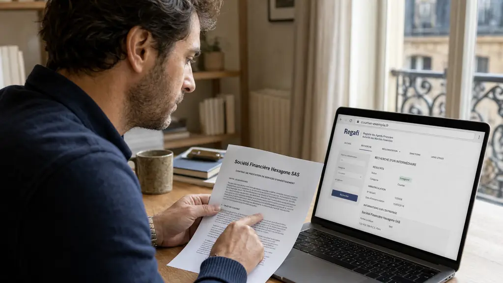 French retail trader comparing a broker contract showing a legal entity name with the REGAFI registry on a laptop, while checking the website domain in the browser address bar, editorial photography, no text overlay, no logos
