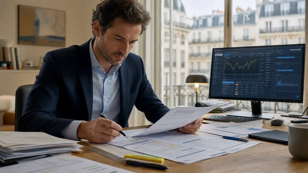 financial analyst comparing a broker regulatory record, custody agreement and detailed fee schedule on a desk, with a limit order screen visible in the background, editorial photography, no text, no logo