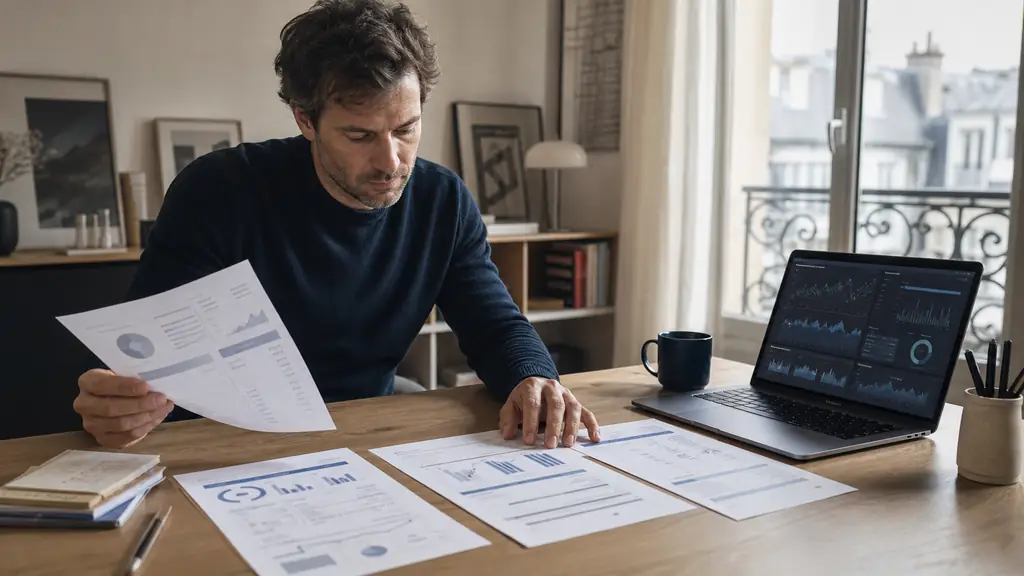 French retail investor comparing a PEA account statement, a fifty-market trading platform and three brokerage fee sheets on a desk, editorial photography, no text, no logo