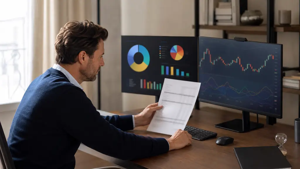 French investor comparing a PEA tax statement beside two trading screens displaying ETF allocation and futures charts, no visible text or logos