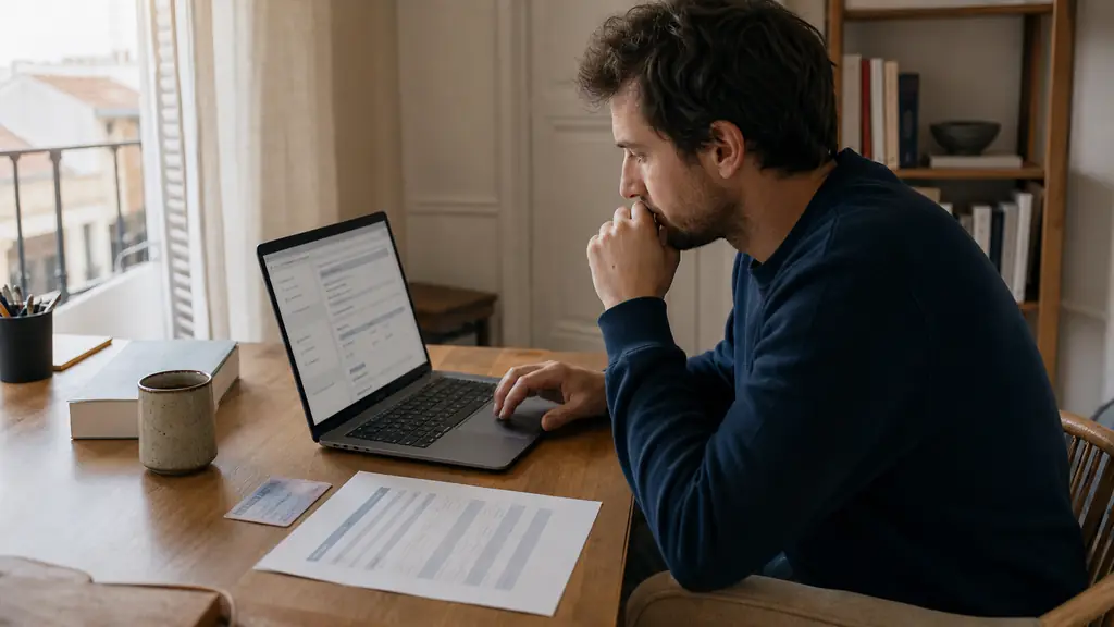 French investor checking a broker legal entity on a laptop beside an identity document and a printed fee schedule, editorial photography, no visible text or logos