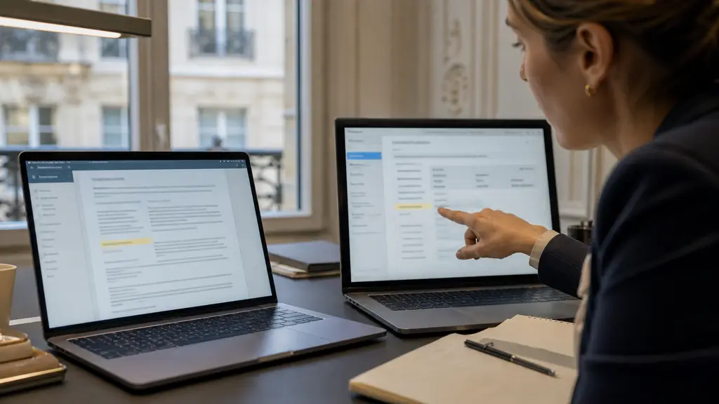 close-up editorial photograph of a person comparing a broker legal notice with a financial registry entry on two laptop screens, registration number highlighted by hand, no visible text or logos