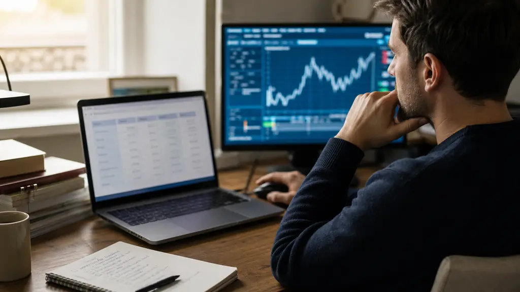 editorial photograph of a trader comparing five broker fee columns on a laptop beside a demo trading screen and a handwritten checklist mentioning currency conversion and tax reporting, no visible logos or readable text