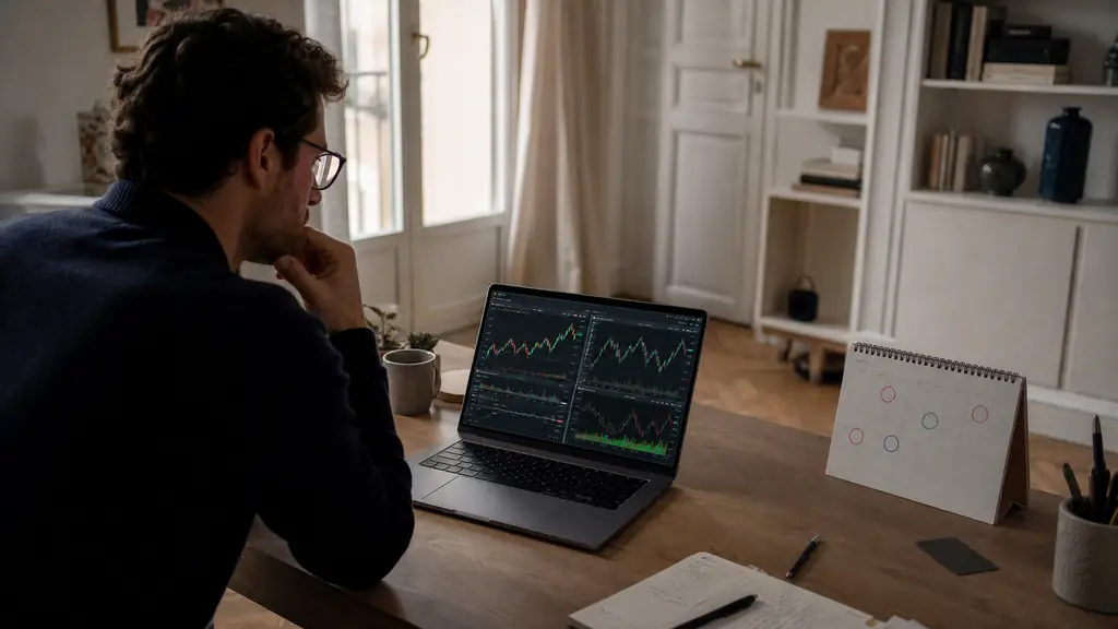 A trader comparing two simulated trading dashboards on a laptop, a credit card deliberately placed aside, and a biweekly desk calendar with marked competition dates, editorial photography, no text, no logos