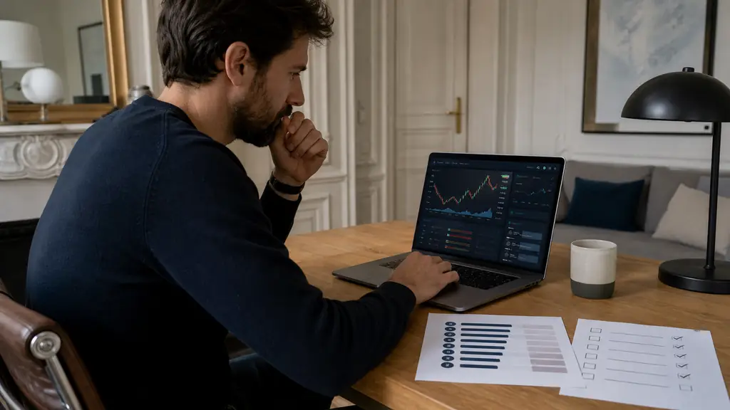 A trader reviewing a demo trading dashboard beside a printed competition ranking and a payout checklist, editorial photography, no text, no logos