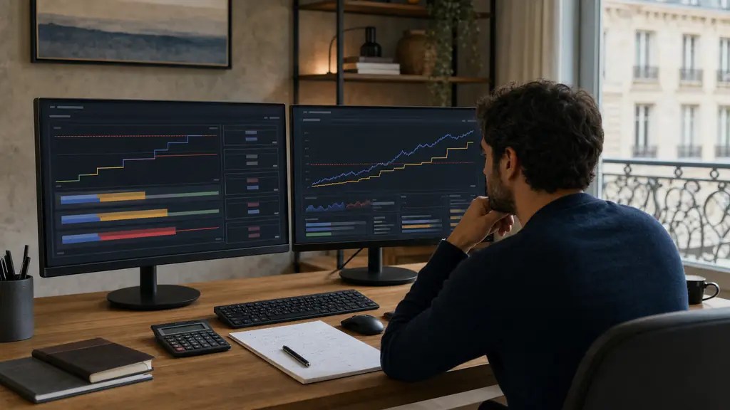 A trader at a desk comparing two challenge rule sheets on screen, one showing a 100,000 account with 5,000 daily loss and 10,000 max loss, the other showing a trailing 3,000 maximum loss limit, with a calculator and handwritten risk checklist beside the keyboard, editorial photography, no text or logo