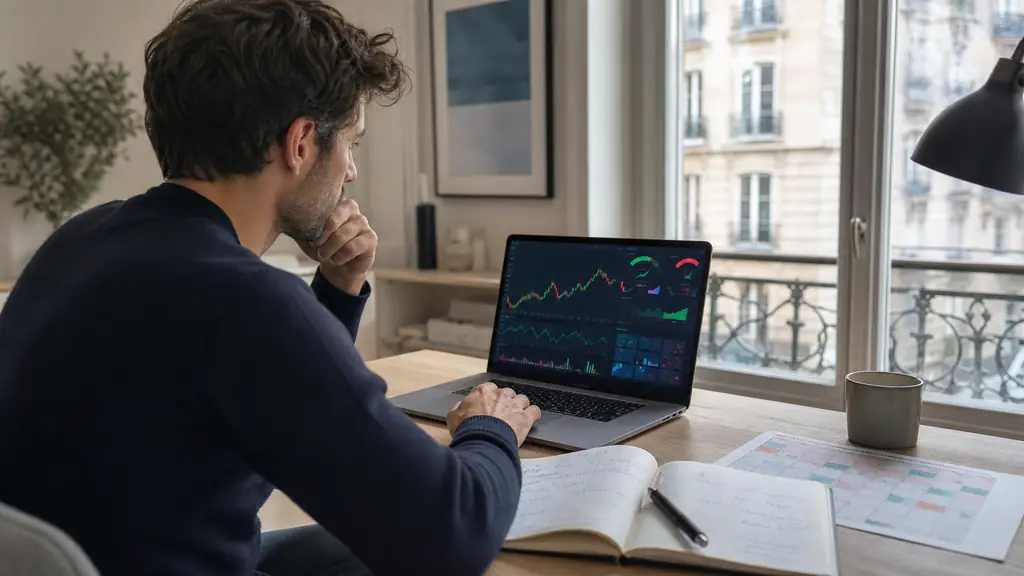 A trader reviewing a simulated challenge dashboard showing balance and equity, with a handwritten risk journal and an economic calendar beside the laptop, realistic editorial photography, no text, no logos