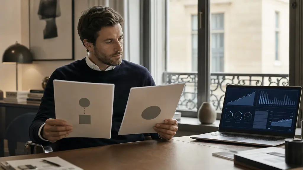 A trader comparing a two-phase evaluation plan and an instant funding contract beside a risk calculator displaying balance and equity, realistic editorial photography, no text, no logos