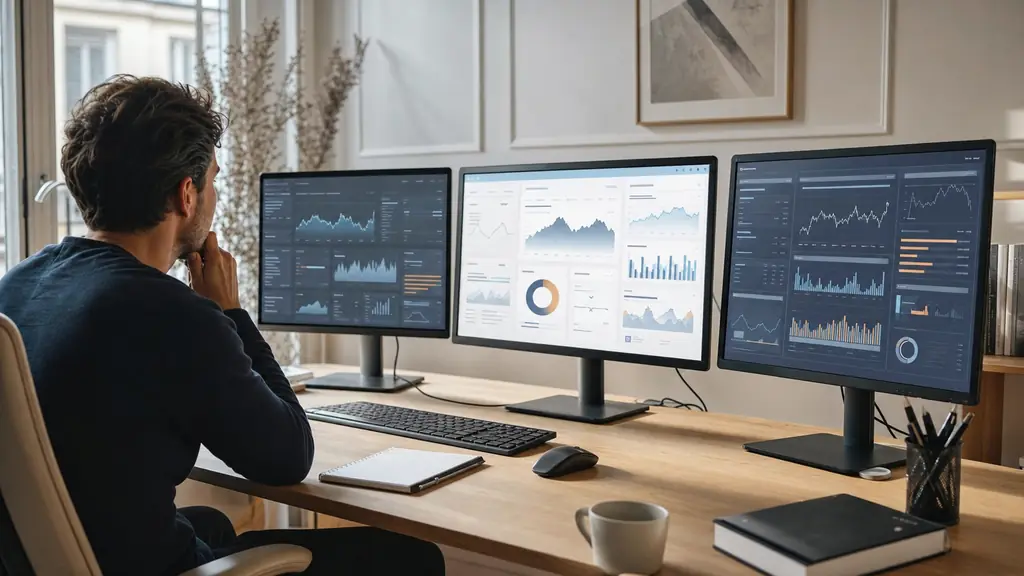 editorial photo of a trader at a desk comparing three prop firm dashboards on multiple monitors, natural office lighting, realistic workspace, no text, no logo