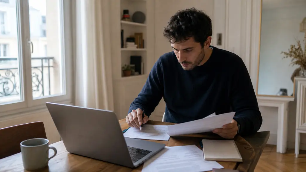 realistic editorial photo of a retail trader at home comparing prop firm rule sheets and payout conditions on a laptop and printed notes, focused atmosphere, natural light, no text, no logo