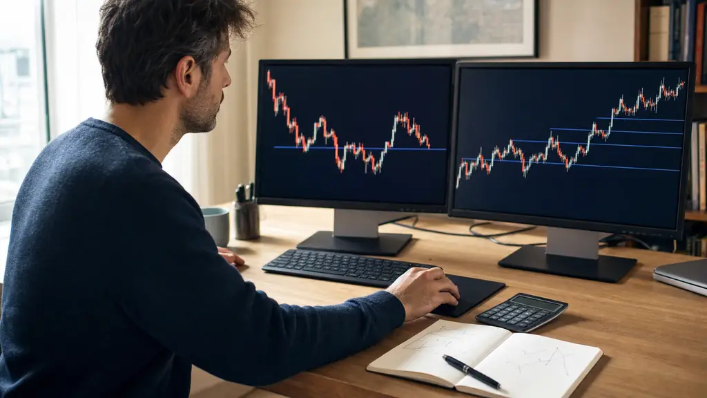 A part-time trader at a desk comparing a forex candlestick chart and a futures chart on two monitors, with contrasting fixed and rising horizontal risk lines, a calculator and a notebook nearby, editorial photography, no text, no logos