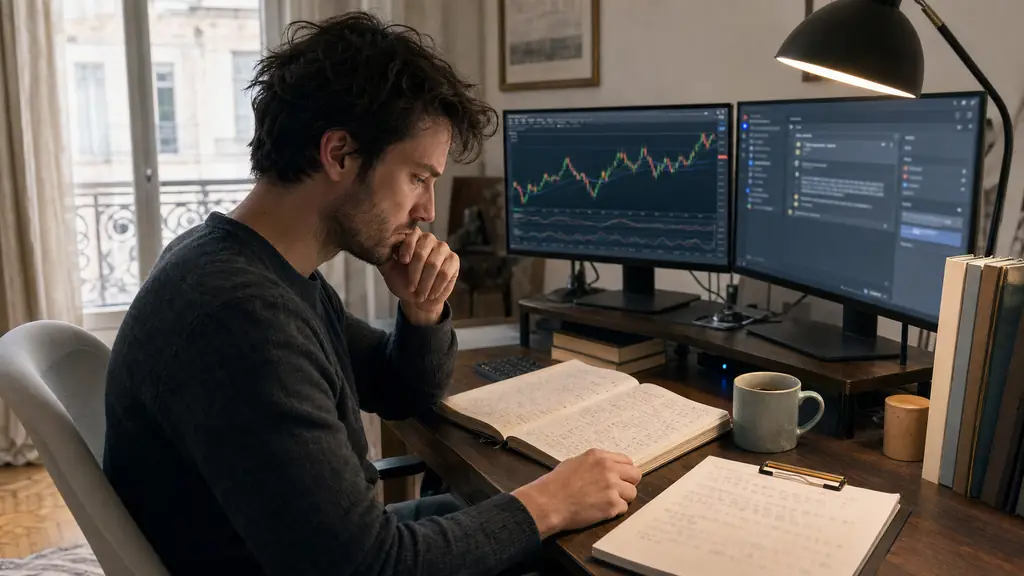 A part-time trader reviewing a trading journal beside a printed payout checklist, with an overnight forex position open on one monitor and a written support reply displayed on another, editorial photography, no text, no logos