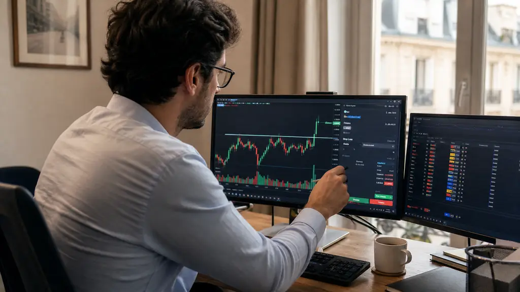 day trader watching a confirmed resistance breakout with rising volume on one screen, economic calendar open on another, hand placing a stop-loss order