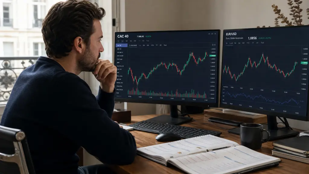 European day trader comparing a CAC 40 chart and an EUR/USD chart on two monitors, economic calendar open beside the keyboard