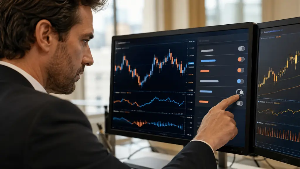 Close-up editorial photograph of a trader disabling automated entries on an unbranded trading terminal, with EURUSD and gold candlestick charts visible and several open positions monitored, no text, no logo