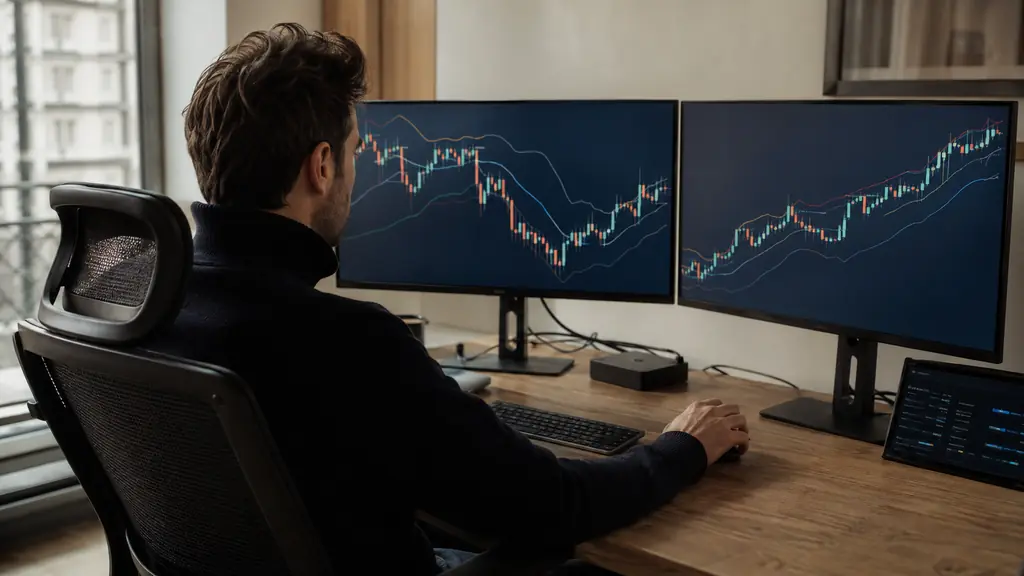 Editorial photograph of a trader comparing a EURUSD H1 envelopes chart with an XAUUSD chart on two unbranded monitors, while checking VPS execution logs, no text, no logo