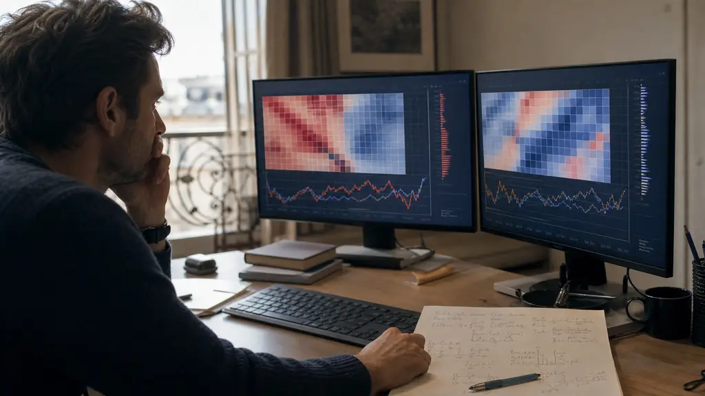 close-up editorial photograph of a trader comparing an EUR/USD and GBP/USD correlation matrix on two monitors, with a handwritten risk exposure calculation beside the keyboard, no text or logos