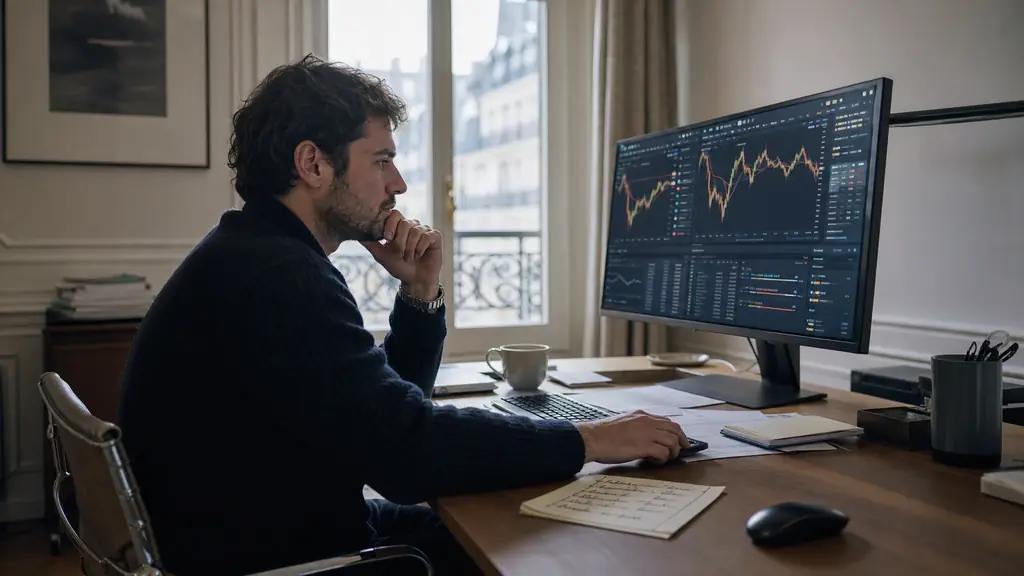 editorial photograph of a prop firm challenge trader checking EUR/USD and GBP/USD correlation windows on a monitor, with a risk calculator showing two 0.5 percent positions beside a handwritten daily loss limit, no text or logos