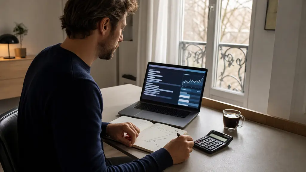 trader checking an unlabeled competition ranking on a laptop while comparing closed positions in a notebook and using a calculator, editorial photography, no visible text or logos