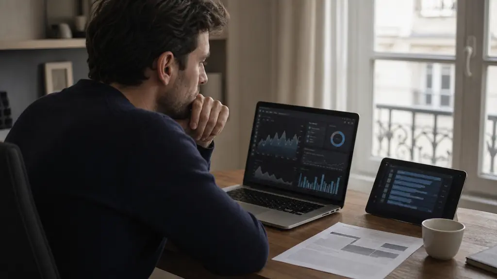 A trader comparing a demo account dashboard, a competition leaderboard and a printed evaluation rules sheet beside a laptop, realistic editorial photography, no visible text or logos