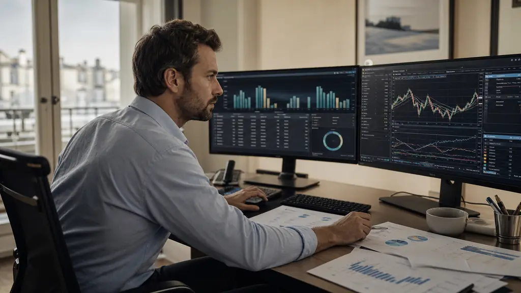 A trader examining a 100,000 dollar simulated competition leaderboard on one screen, an MT5 trial account on another, and a printed verified trading history on the desk, realistic editorial photography, no visible text or logos