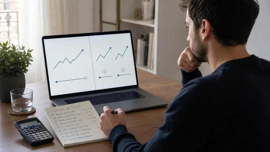 a disciplined retail trader comparing two evaluation plans labeled only by one-step and two-step visual diagrams on a laptop, with a handwritten risk limit checklist and calculator on the desk, no visible brand or logo